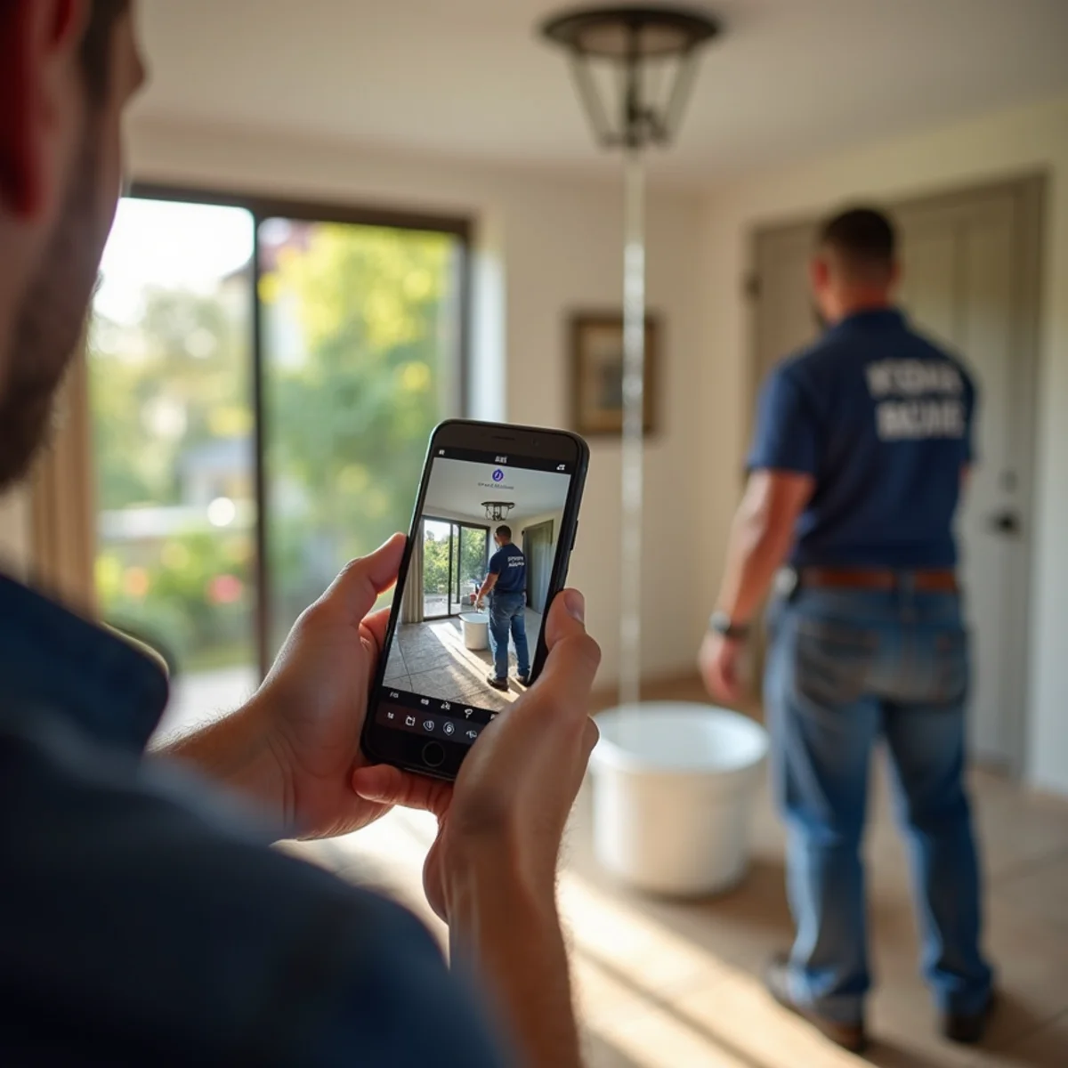 Homeowner photographing water damage during the first 24 hours