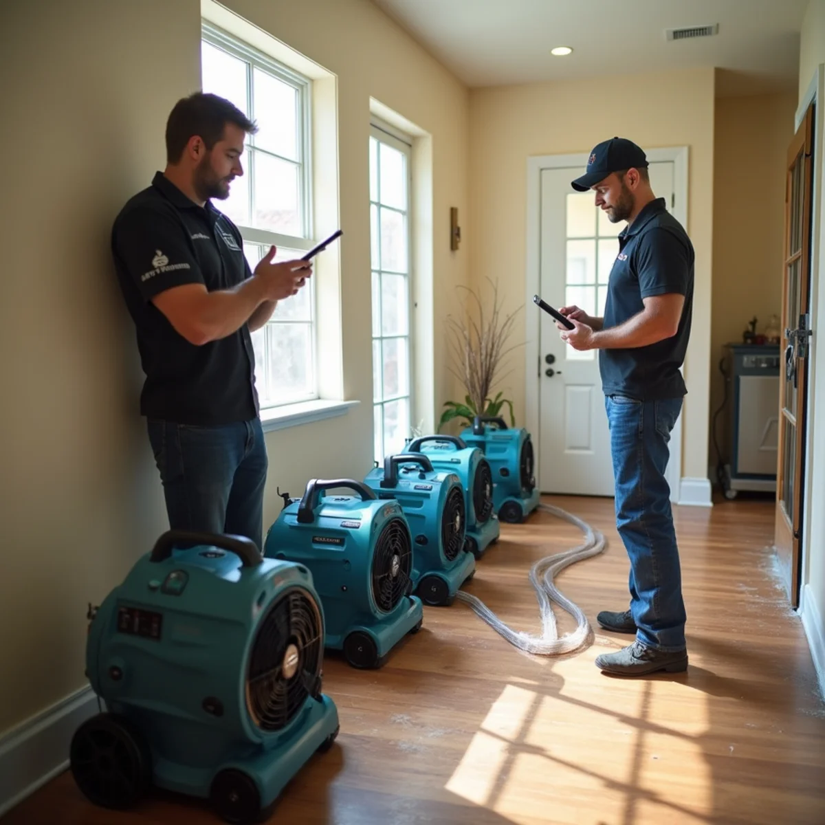 Air movers and dehumidifiers running during the water damage restoration process