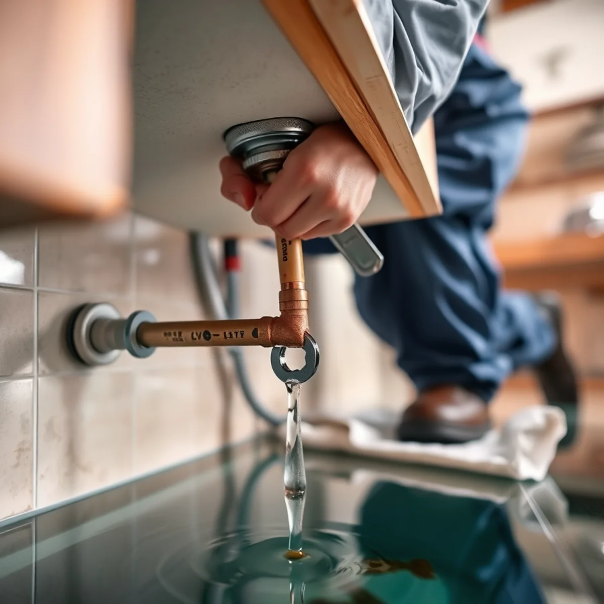 Technician shutting off a burst supply line under a Santa Barbara sink