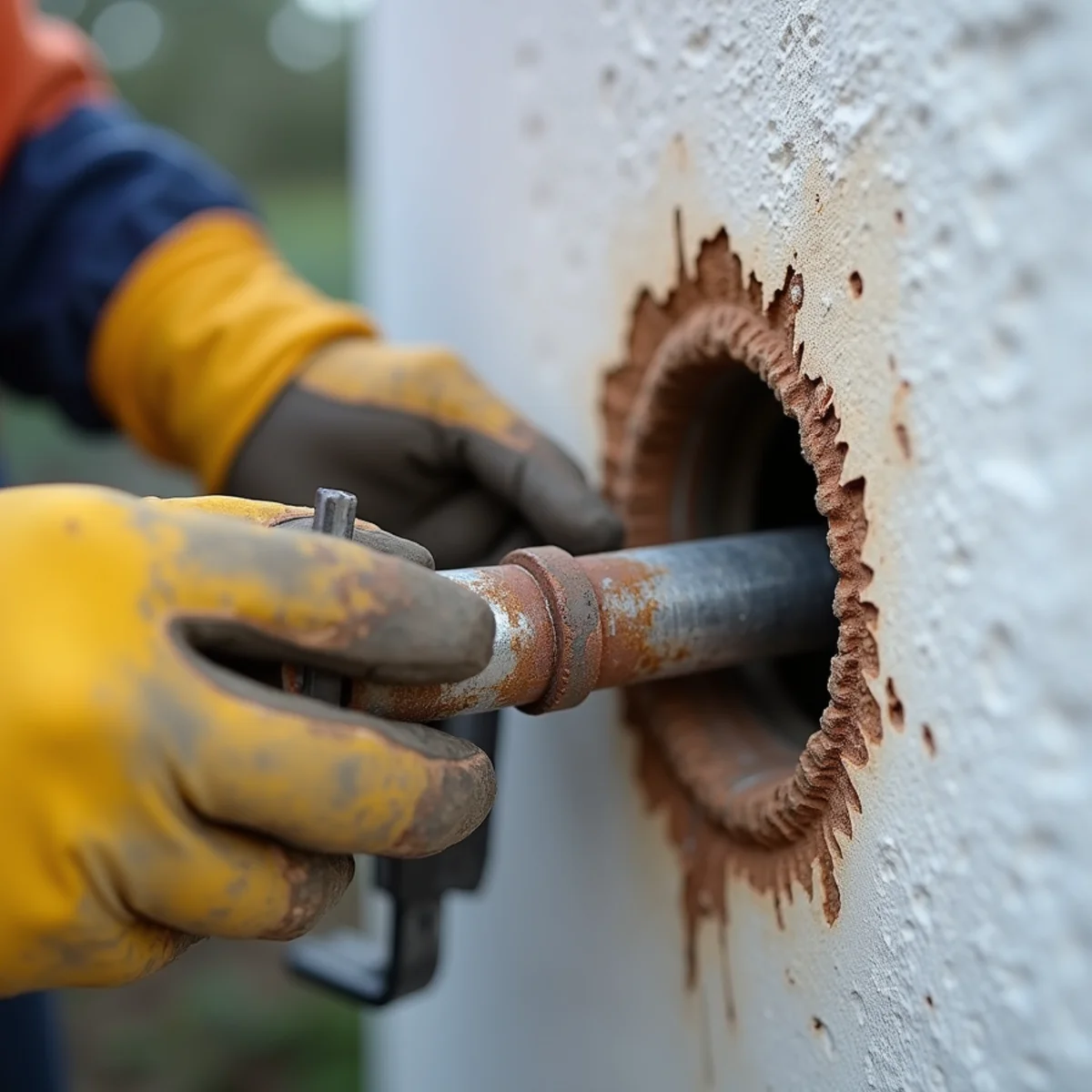 Technician opening a wall to reach a corroded burst pipe in a Santa Barbara home