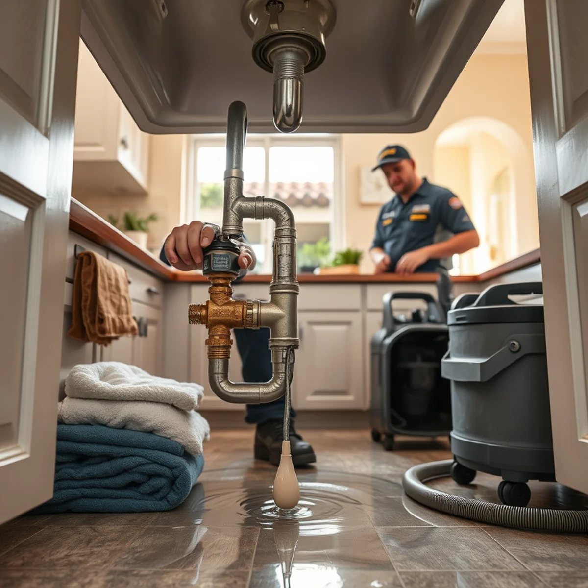 Burst pipe cleanup crew extracting water from a flooded Santa Barbara home