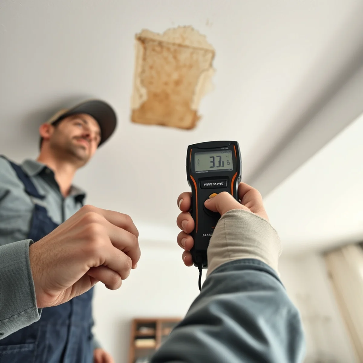 Technician inspecting a water-stained ceiling in a Santa Barbara home