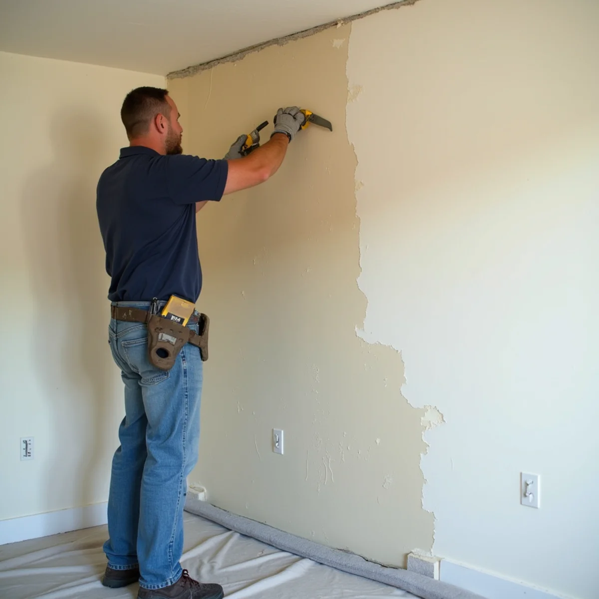 Technician cutting out a water-stained ceiling section in a Santa Barbara home