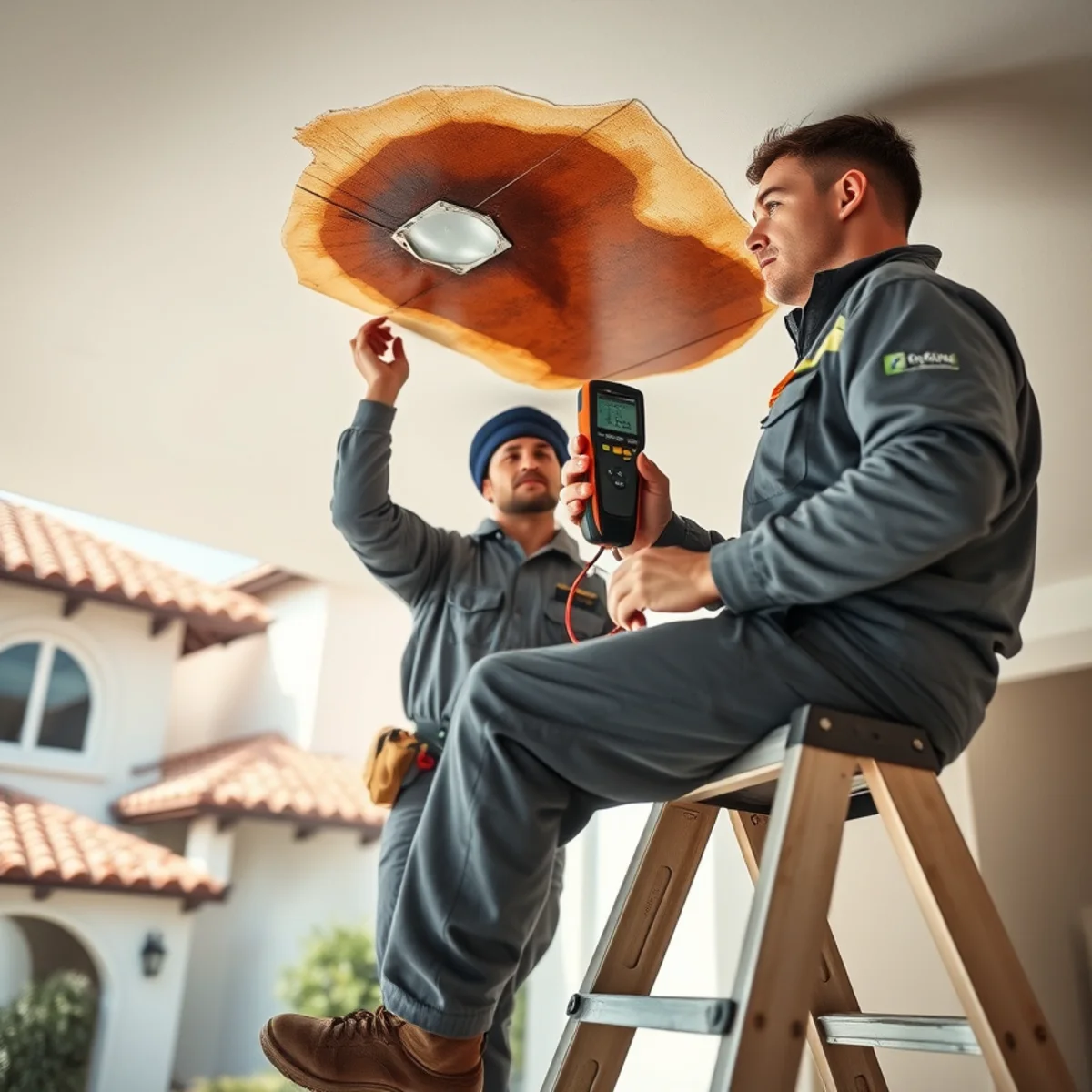Technician inspecting a water-stained ceiling for repair in a Santa Barbara home