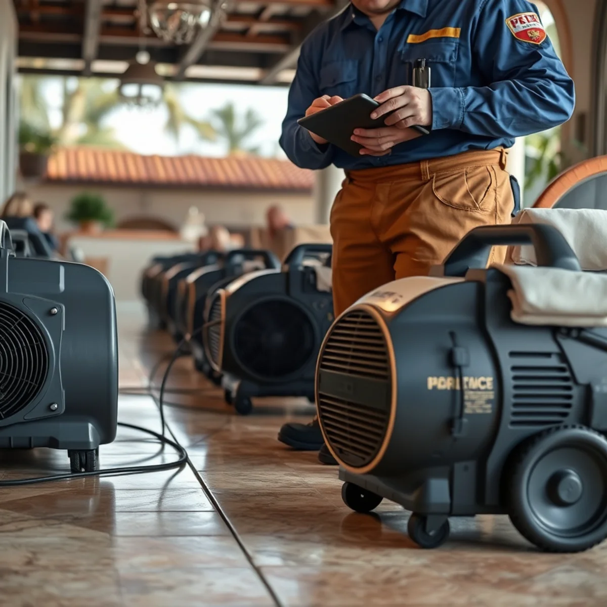 Restoration crew drying a Santa Barbara commercial space after hours