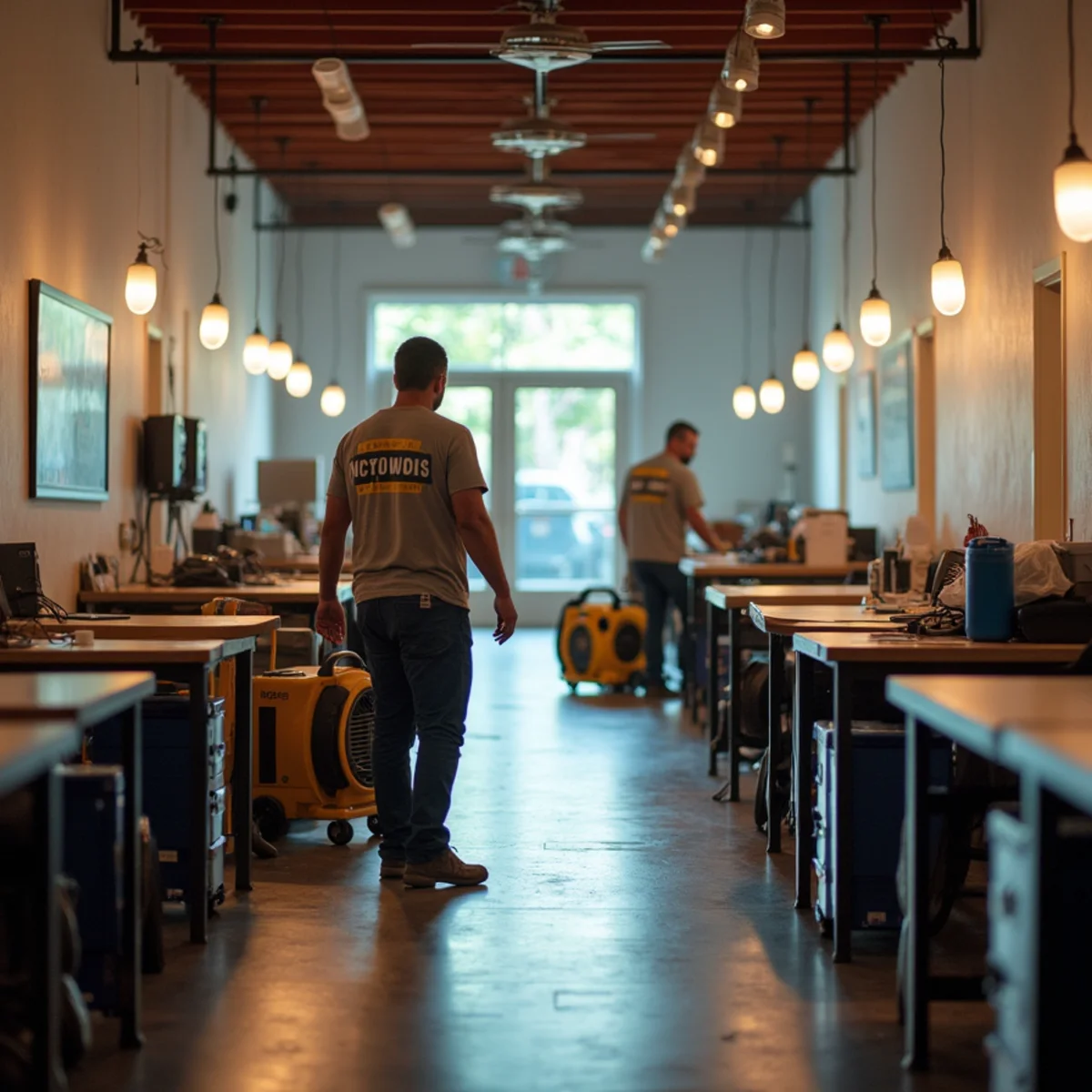 Restoration crew drying a Santa Barbara commercial space after hours