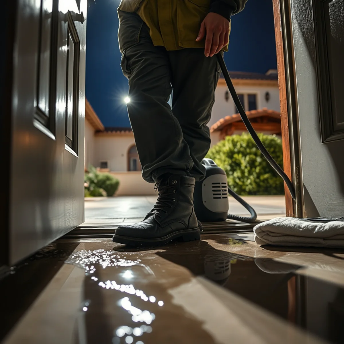 Emergency crew extracting water at night in a Santa Barbara home