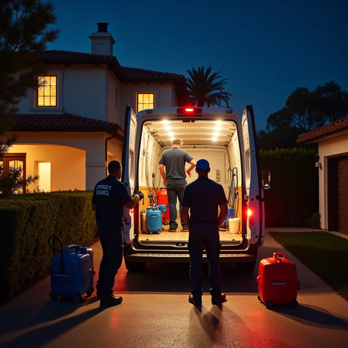 Emergency crew unloading drying equipment from a van at night in Santa Barbara