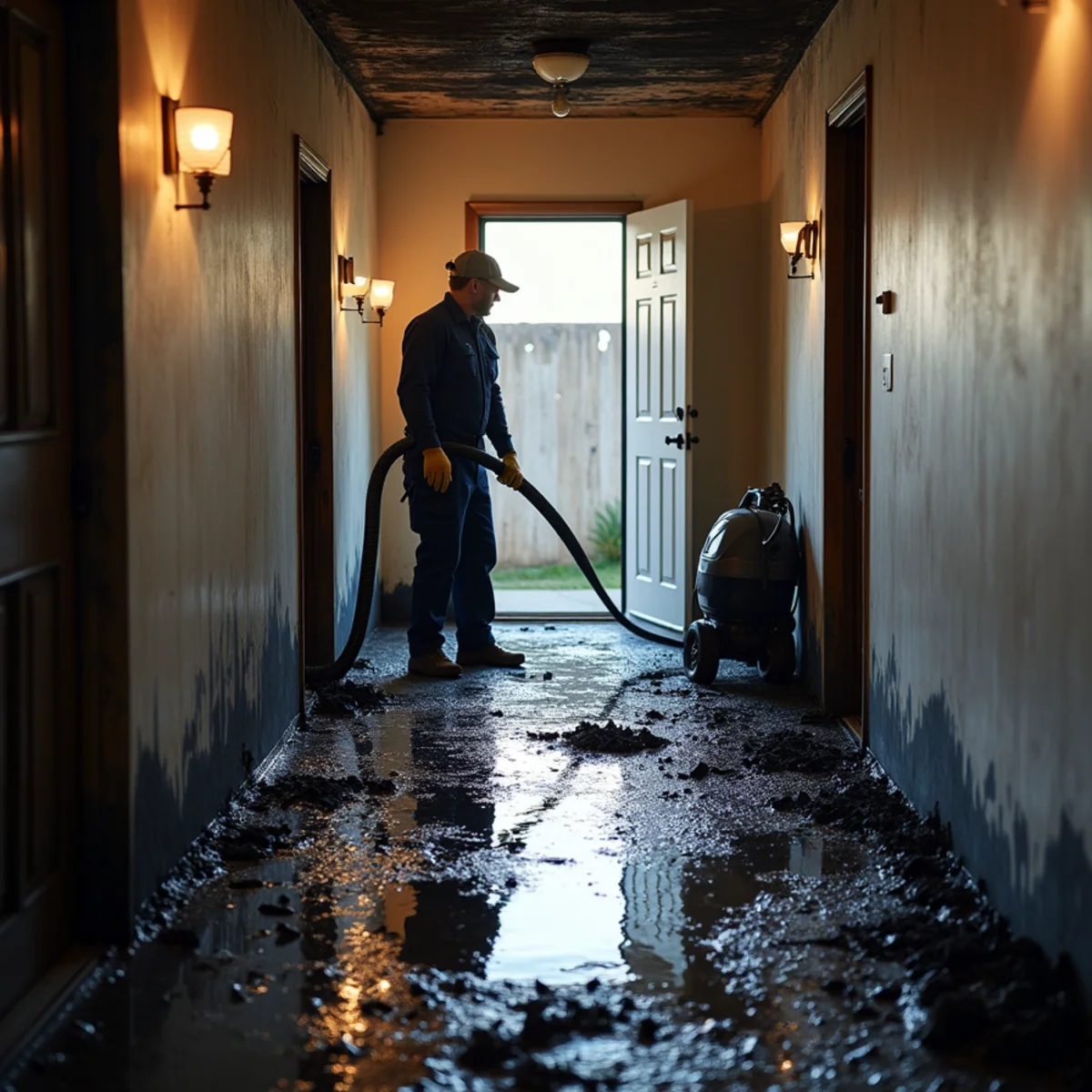 Technician extracting firefighting water and cleaning soot in a Santa Barbara home