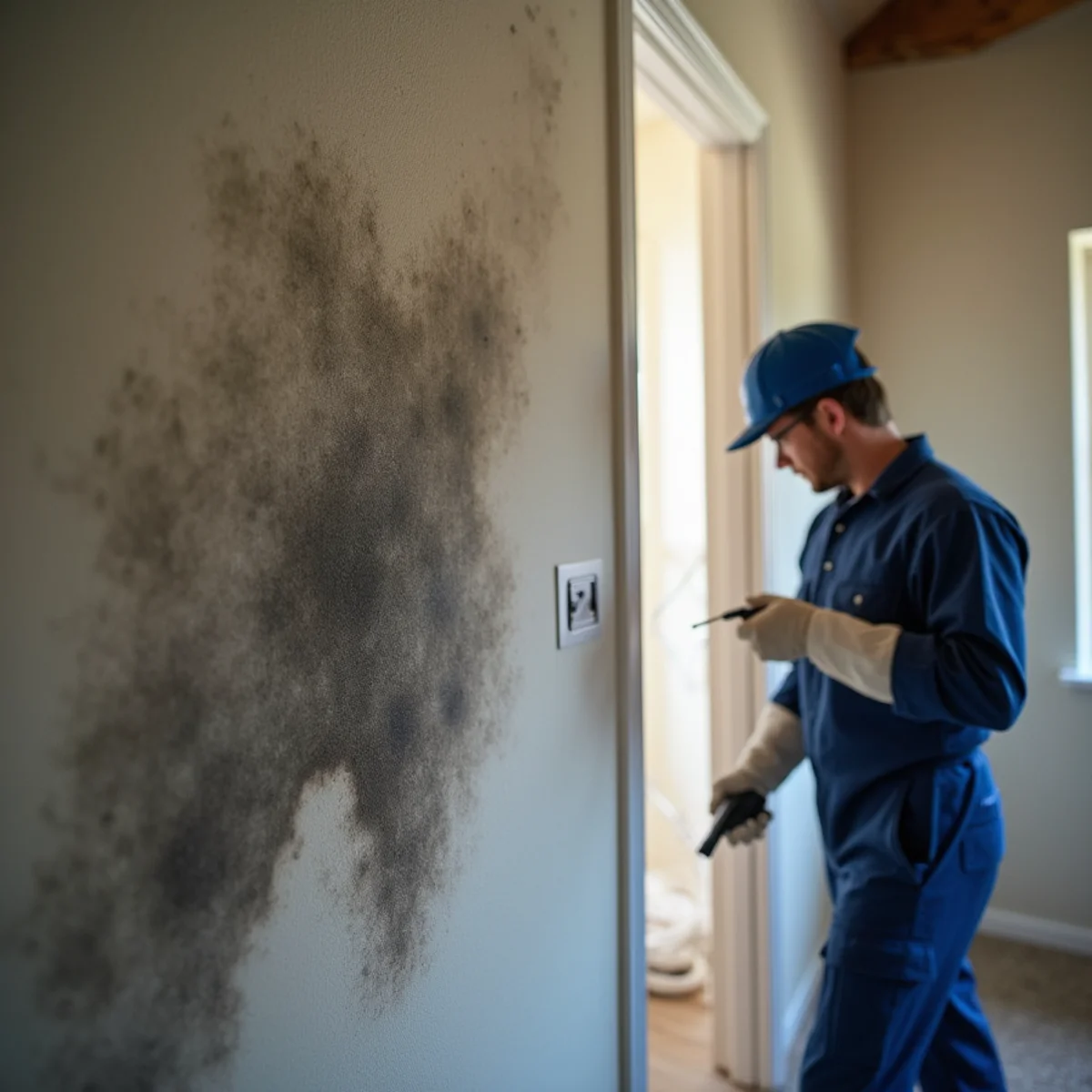 Close-up of soot ghosting and dark staining on a wall in a fire-damaged Santa Barbara home