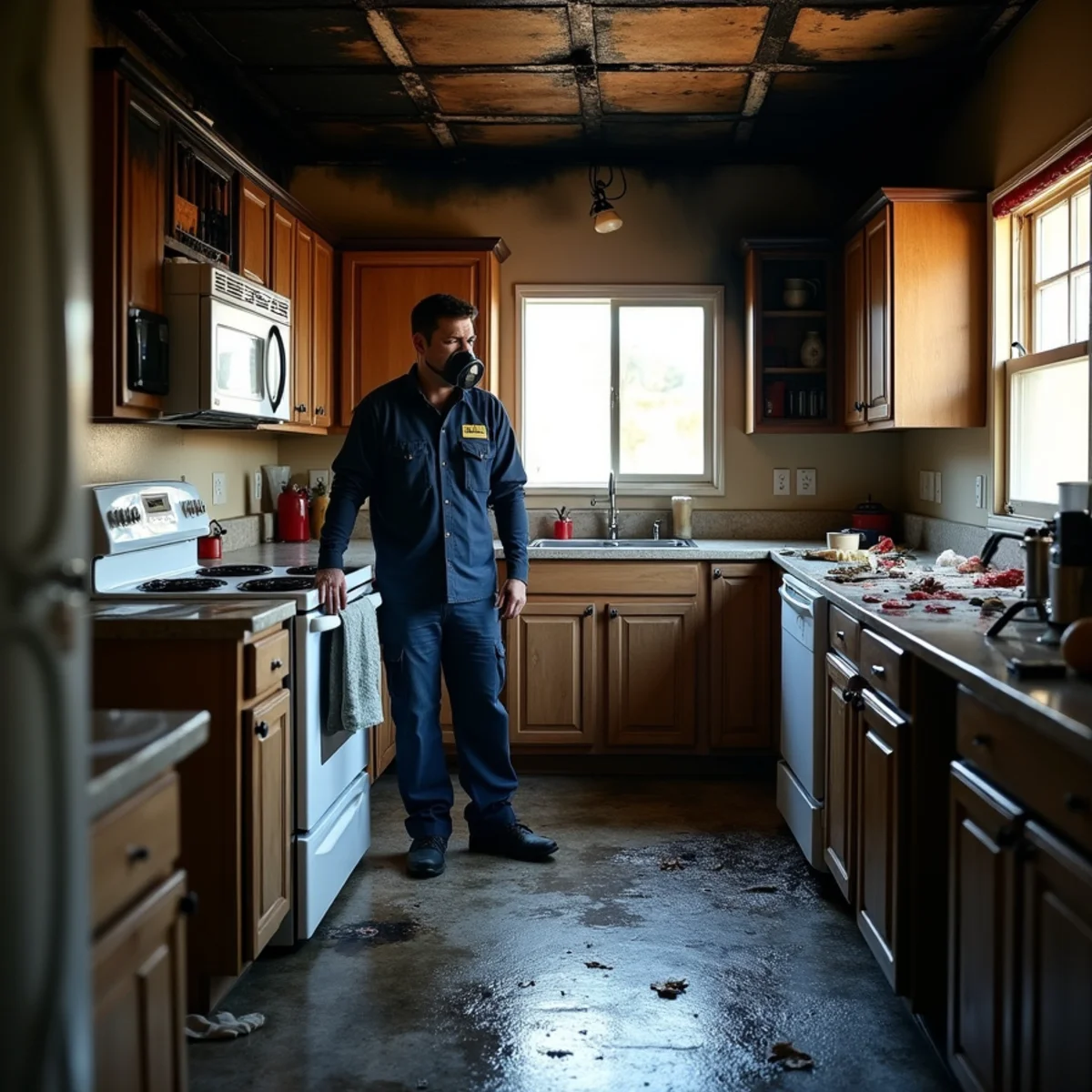 Fire and smoke damage restoration crew cleaning soot in a Santa Barbara home