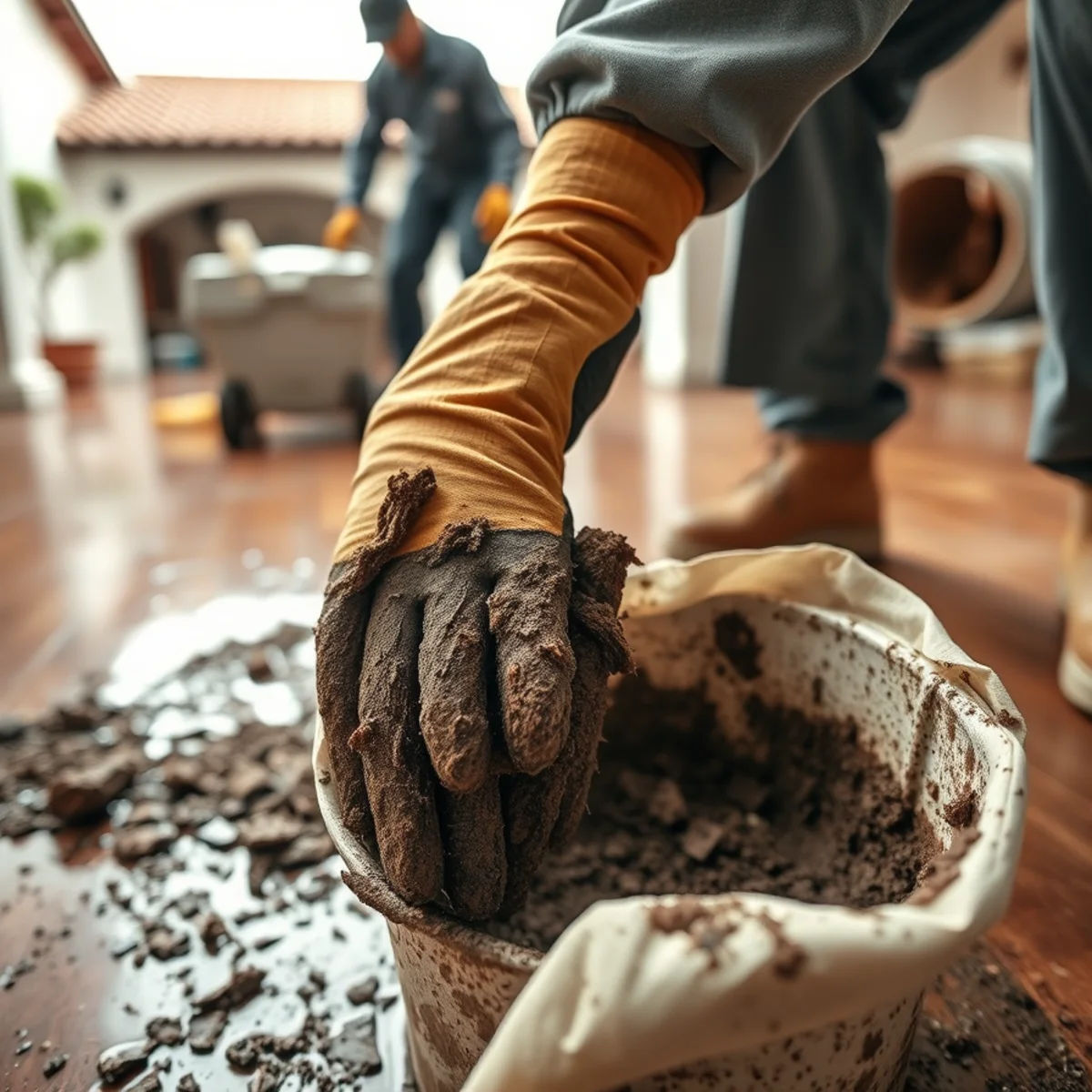 Crew extracting muddy storm floodwater from a Santa Barbara home