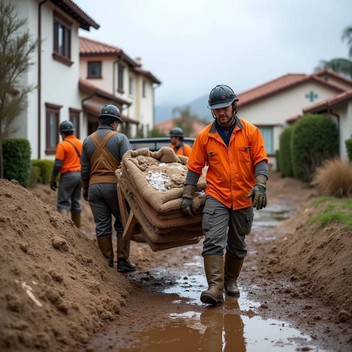 Crew hauling out mud-soaked materials after a Santa Barbara flood