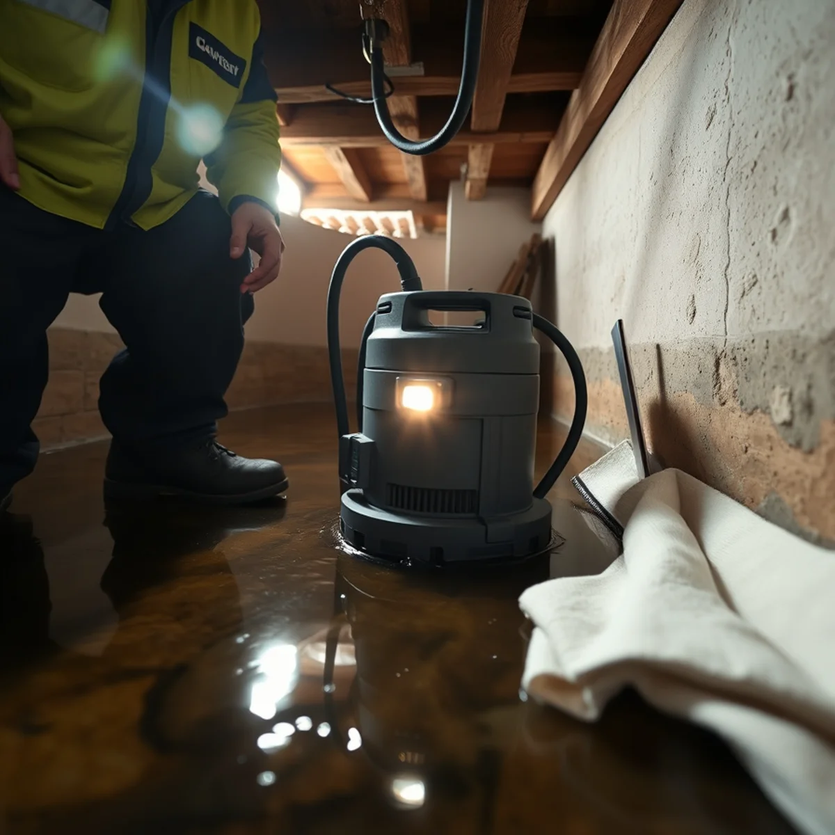 Technician pumping water from a flooded Santa Barbara crawl space