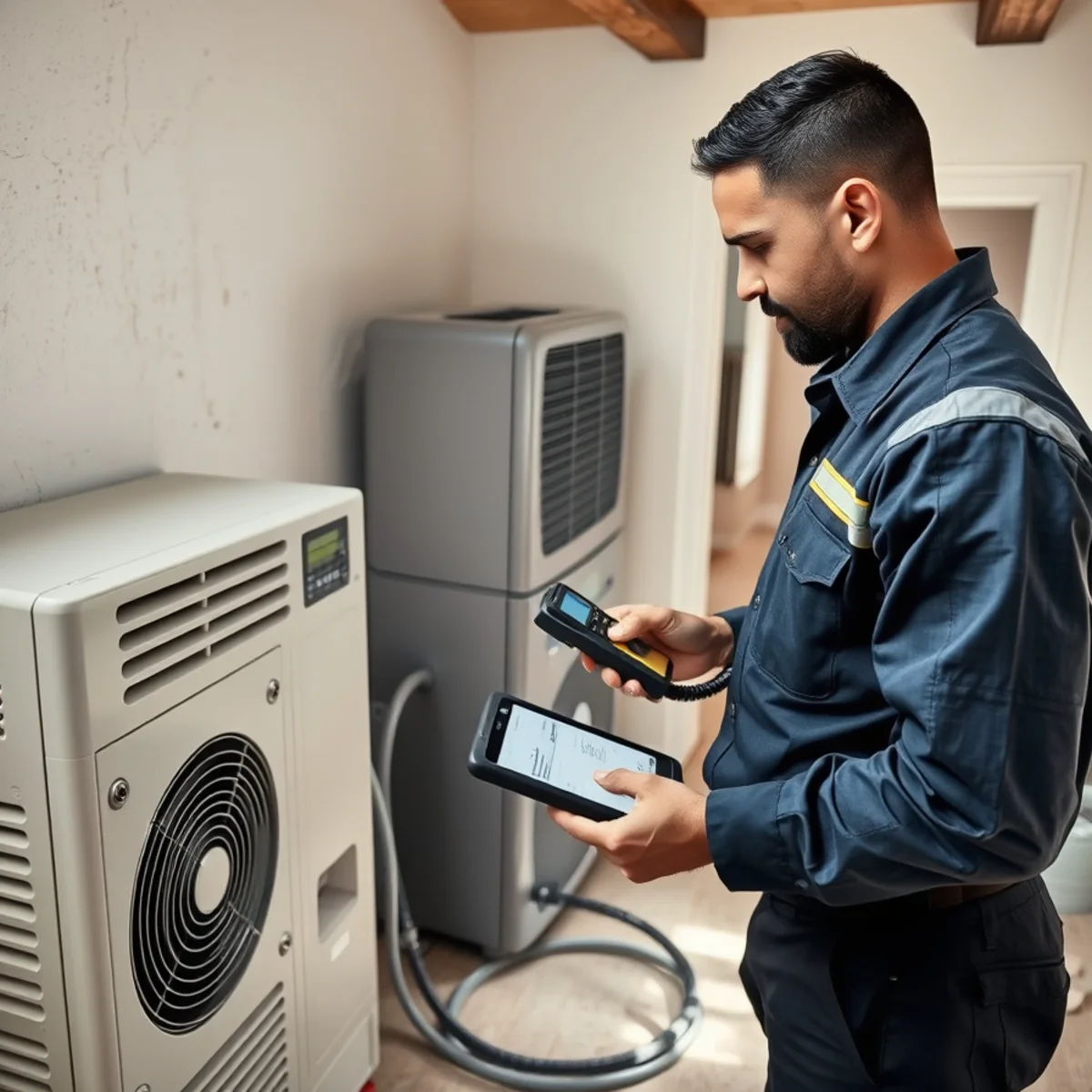 IICRC-certified technician monitoring drying equipment in a Santa Barbara home