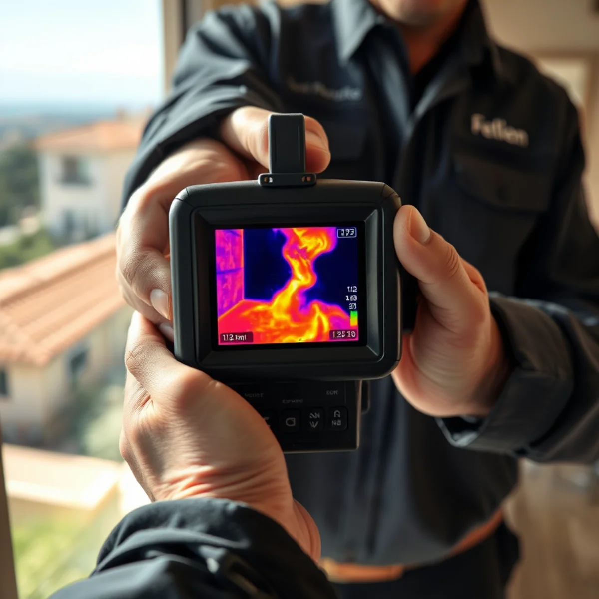 Technician using thermal imaging to find a hidden leak in a Santa Barbara wall