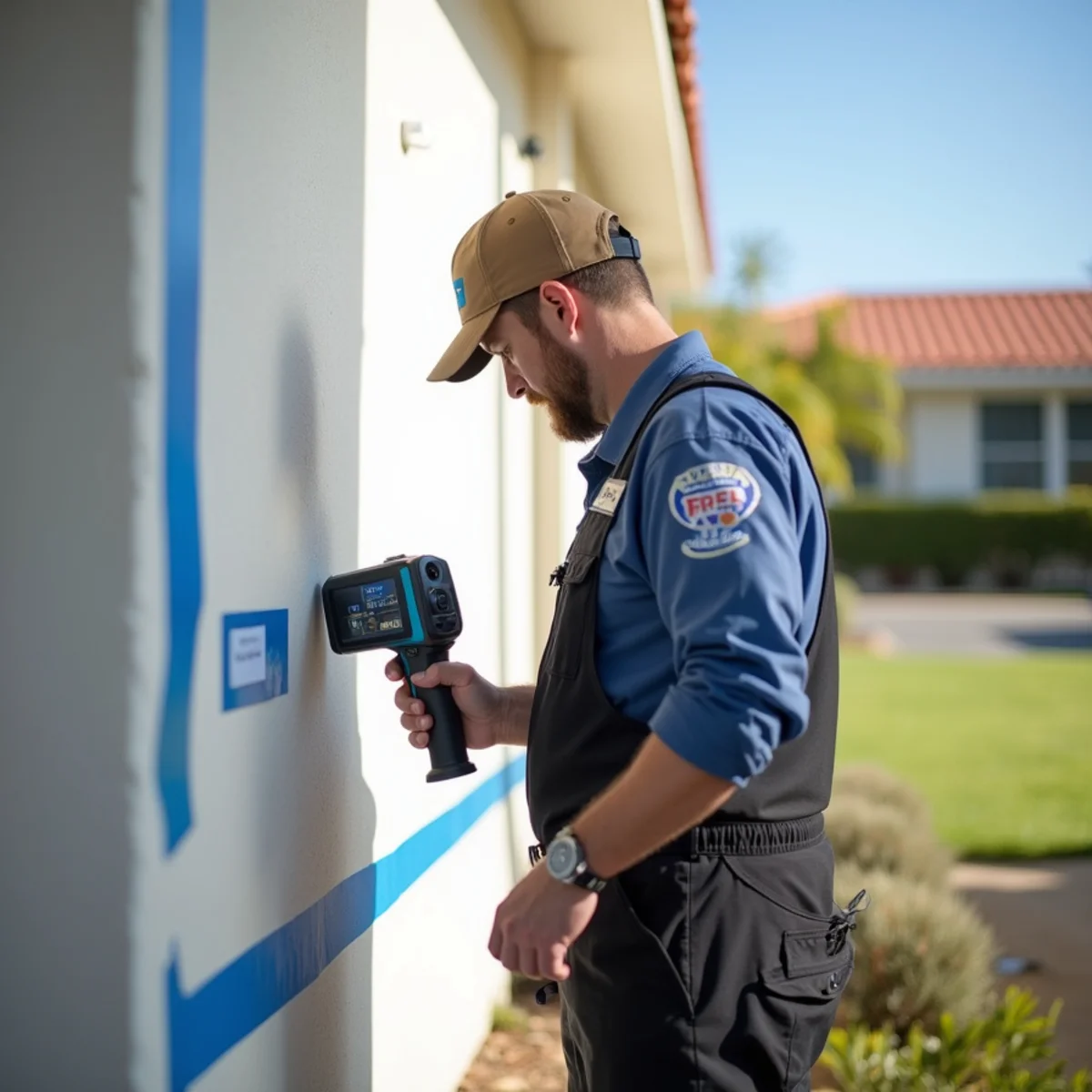 Technician marking the pinpointed leak location on a Santa Barbara wall