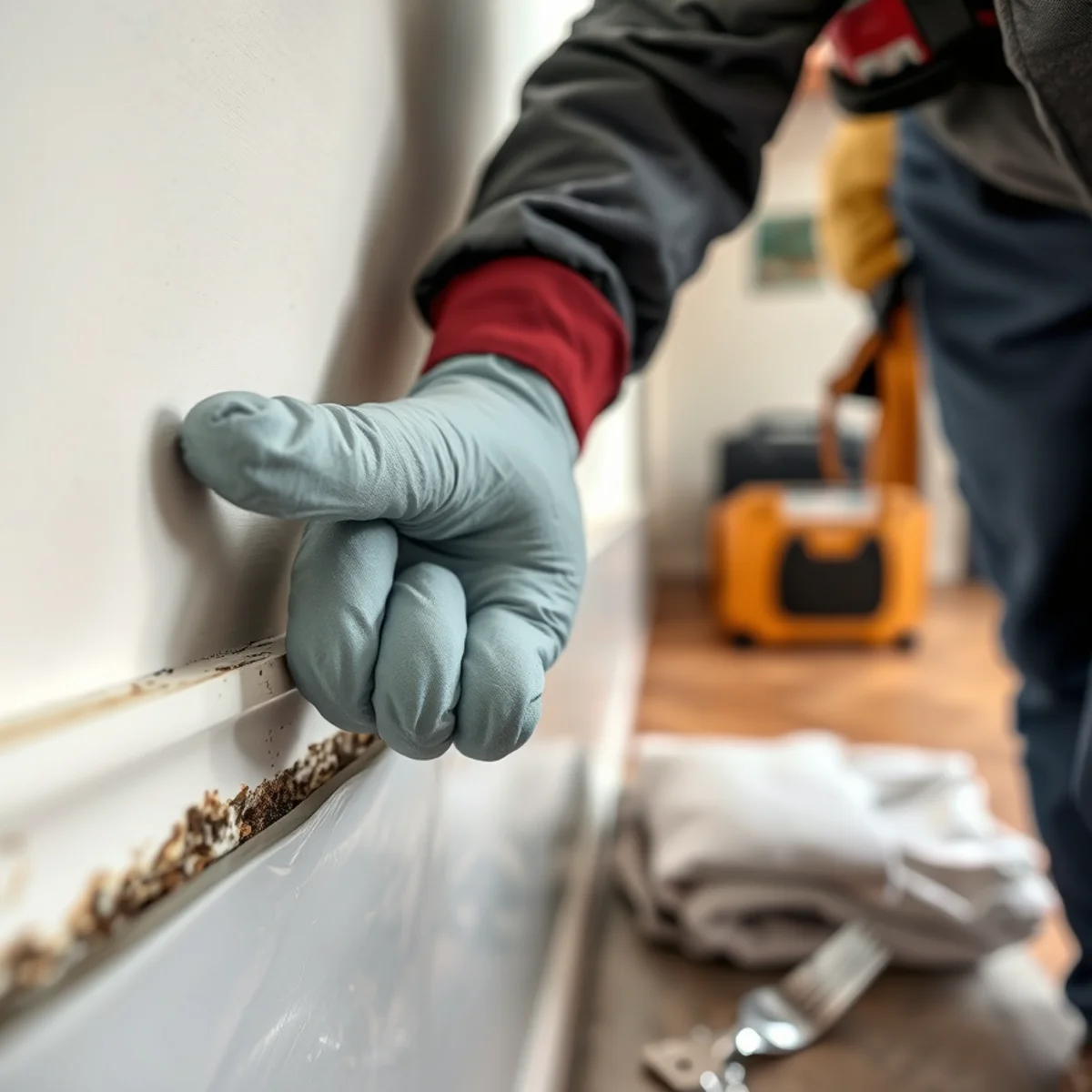 Technician removing mold behind containment in a Santa Barbara home
