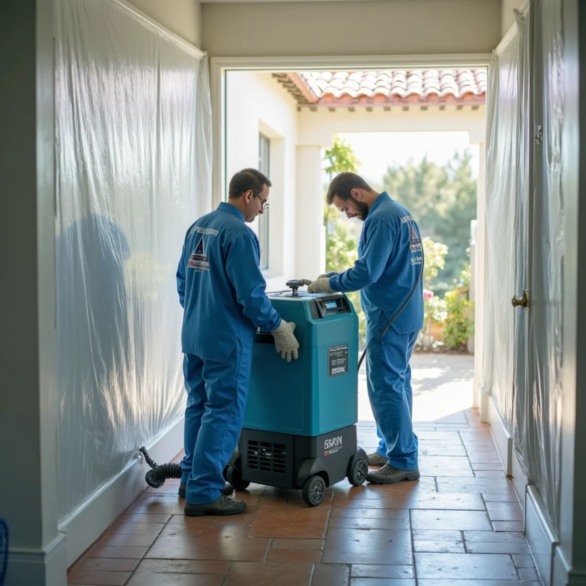HEPA air scrubber and negative-air machine running behind mold containment in Santa Barbara