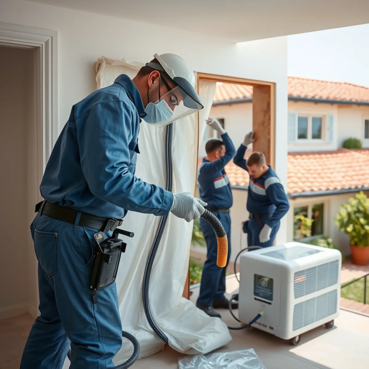 Certified technician performing mold remediation with containment in a Santa Barbara home