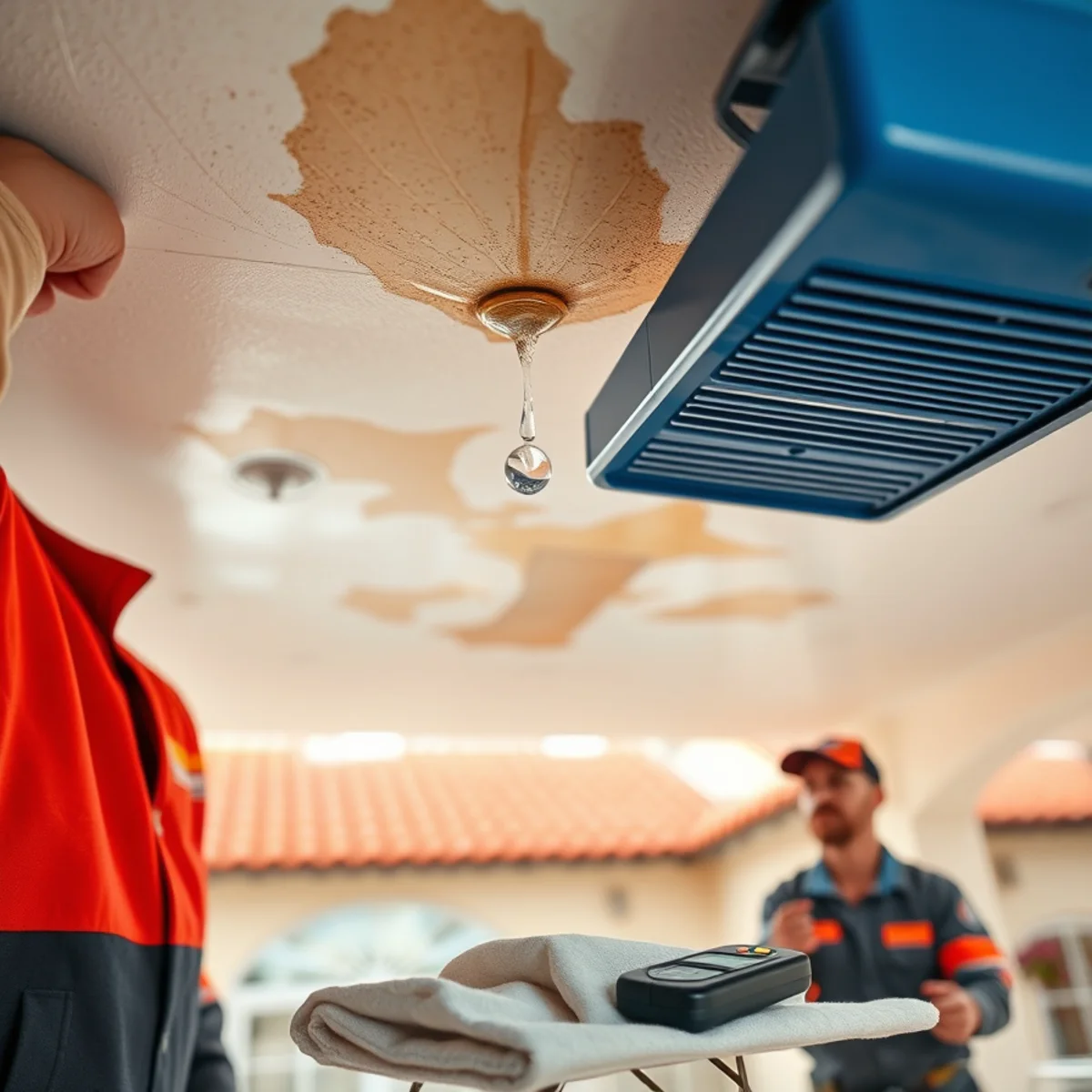 Technician drying roof-leak water damage inside a Santa Barbara home