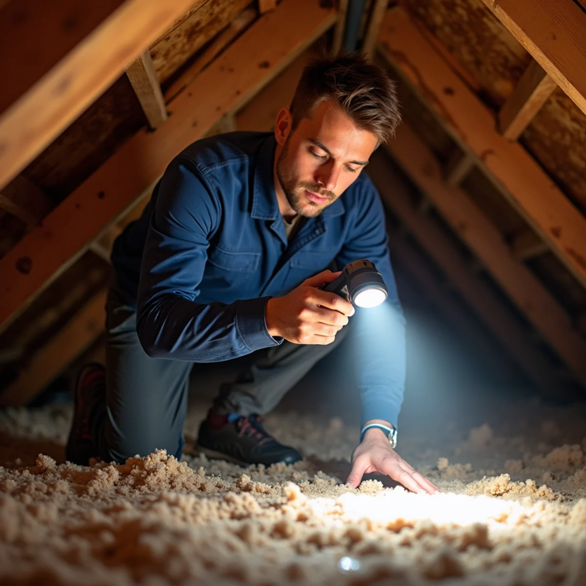 Technician inspecting roof-leak moisture in a Santa Barbara attic
