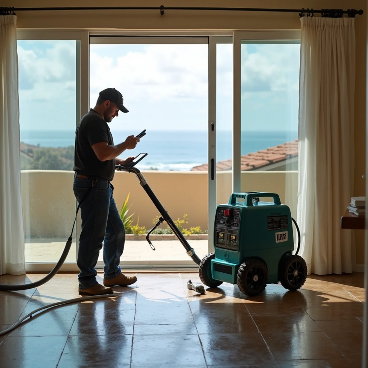 Restoration crew drying water damage inside a Alta Mesa home, Alta Mesa, Santa Barbara