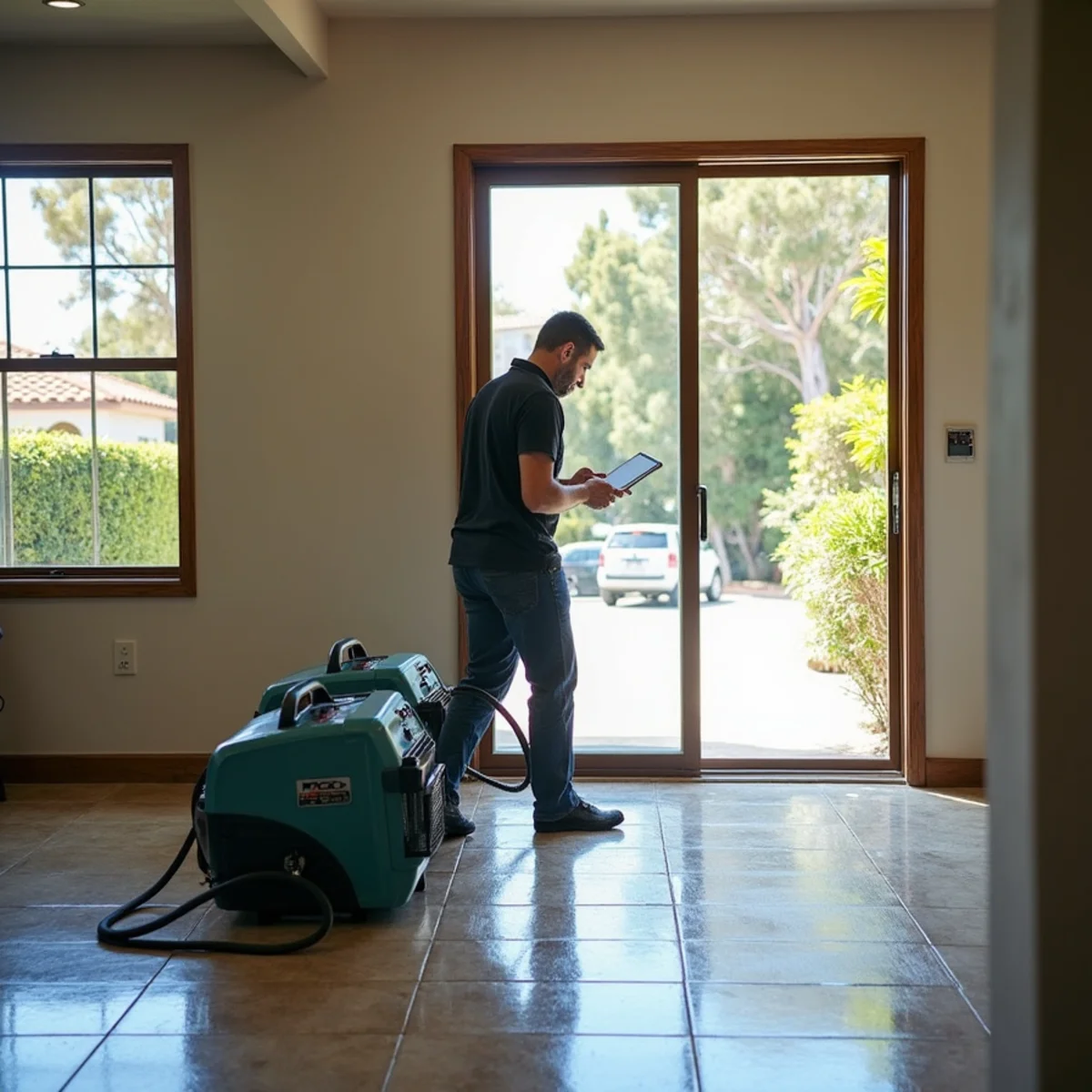 Restoration crew drying water damage inside a Bel Air Knolls home, Bel Air Knolls, Santa Barbara