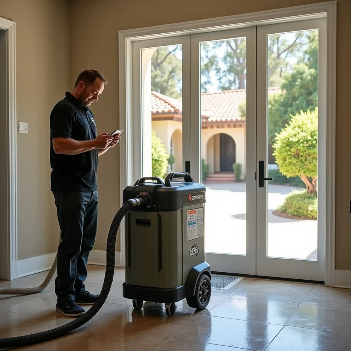 Restoration crew drying water damage inside a Birnam Wood home, Birnam Wood, Santa Barbara