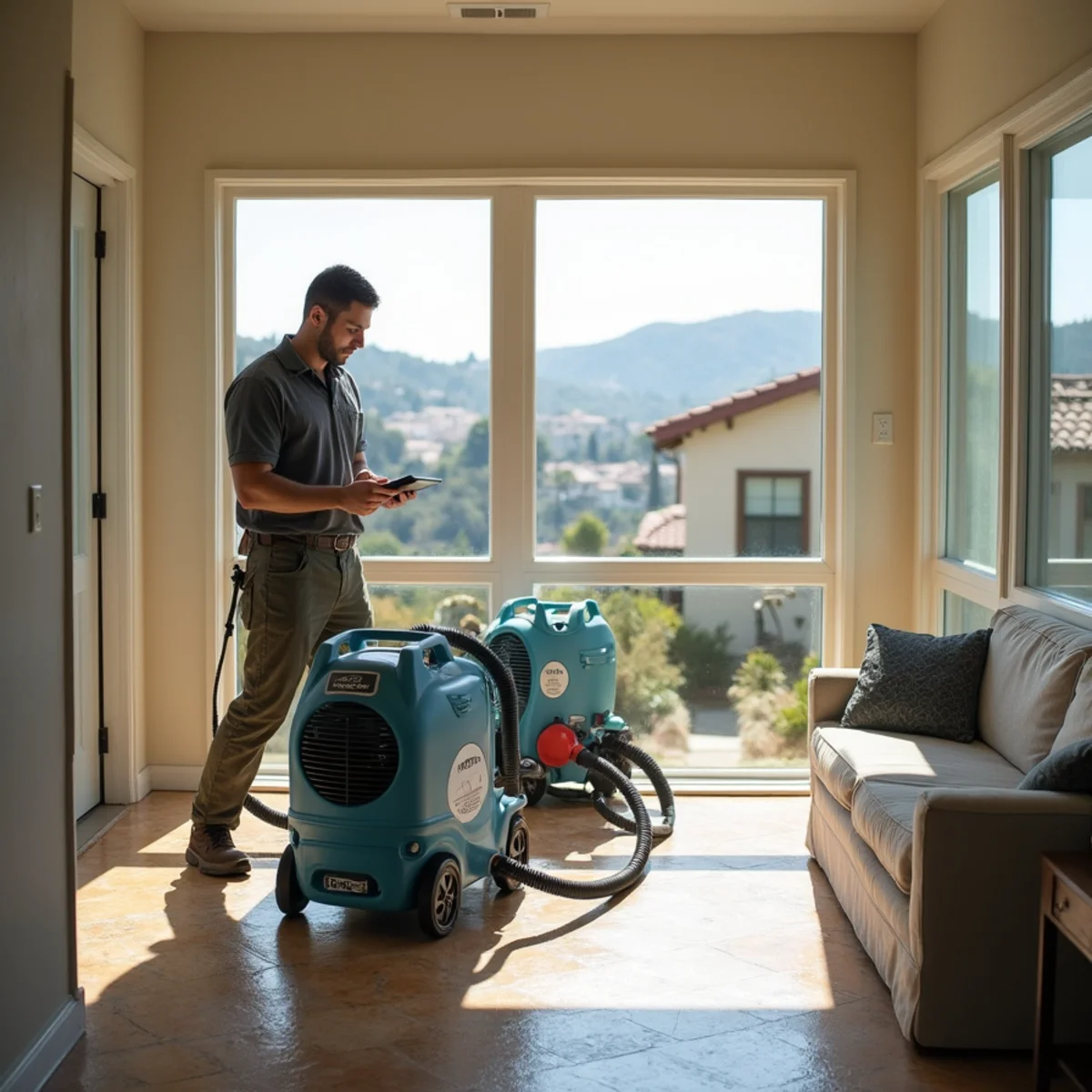 Restoration crew drying water damage inside a Campanil home, Campanil, Santa Barbara