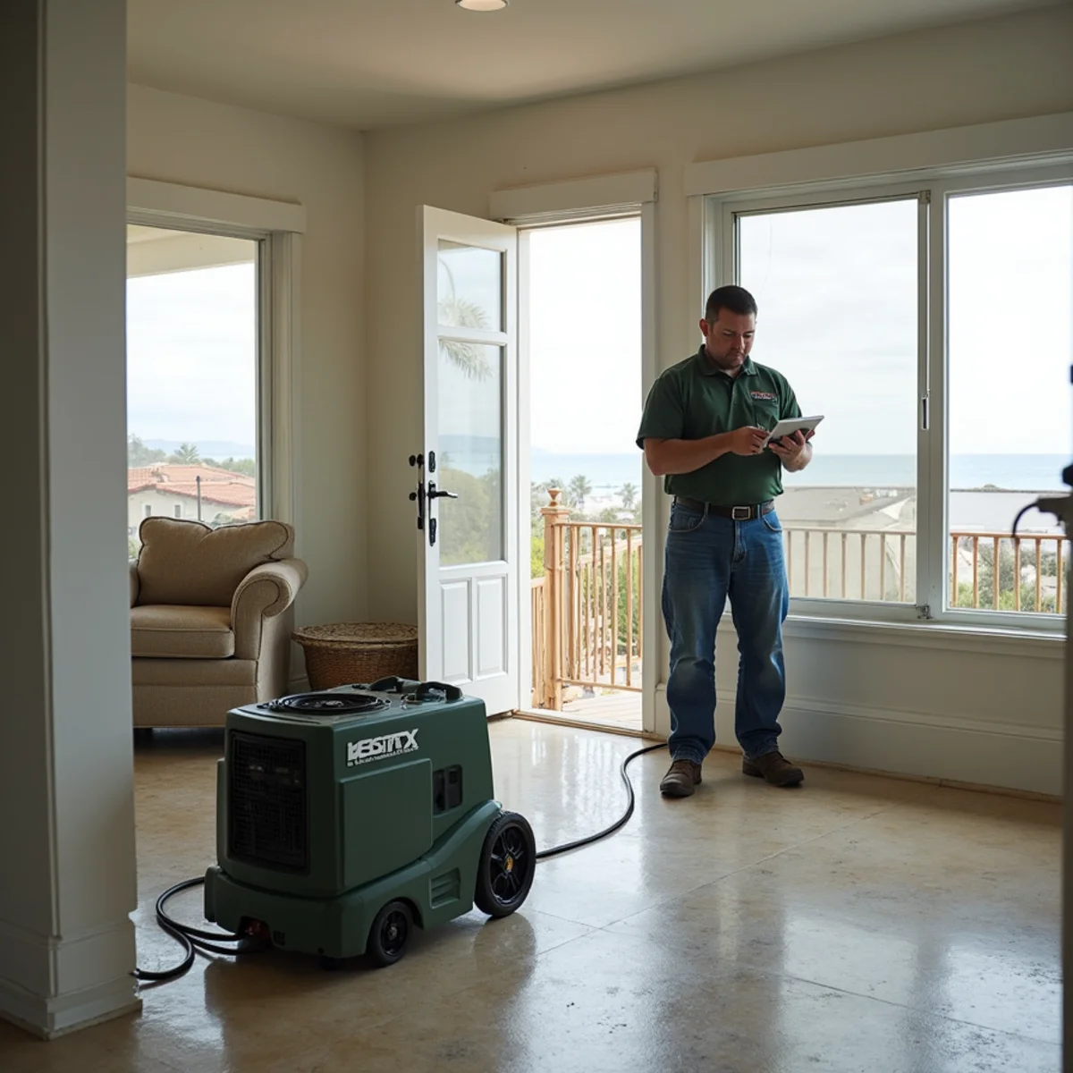 Restoration crew drying water damage inside a East Beach home, East Beach, Santa Barbara