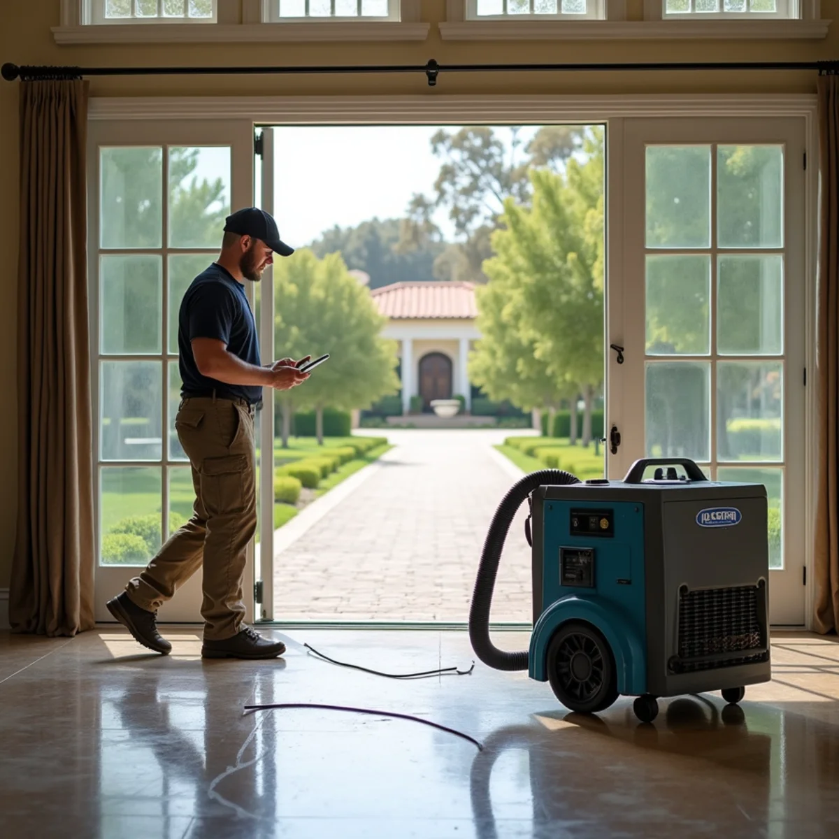 Restoration crew drying water damage inside a Ennisbrook home, Ennisbrook, Santa Barbara