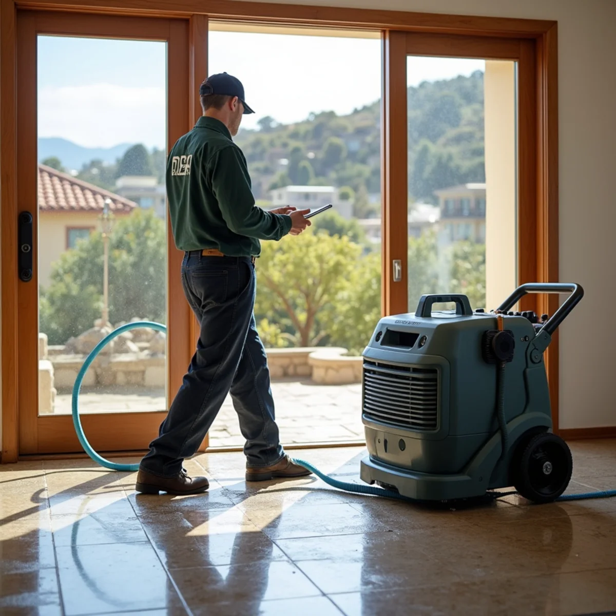 Restoration crew drying water damage inside a Eucalyptus Hill home, Eucalyptus Hill, Santa Barbara