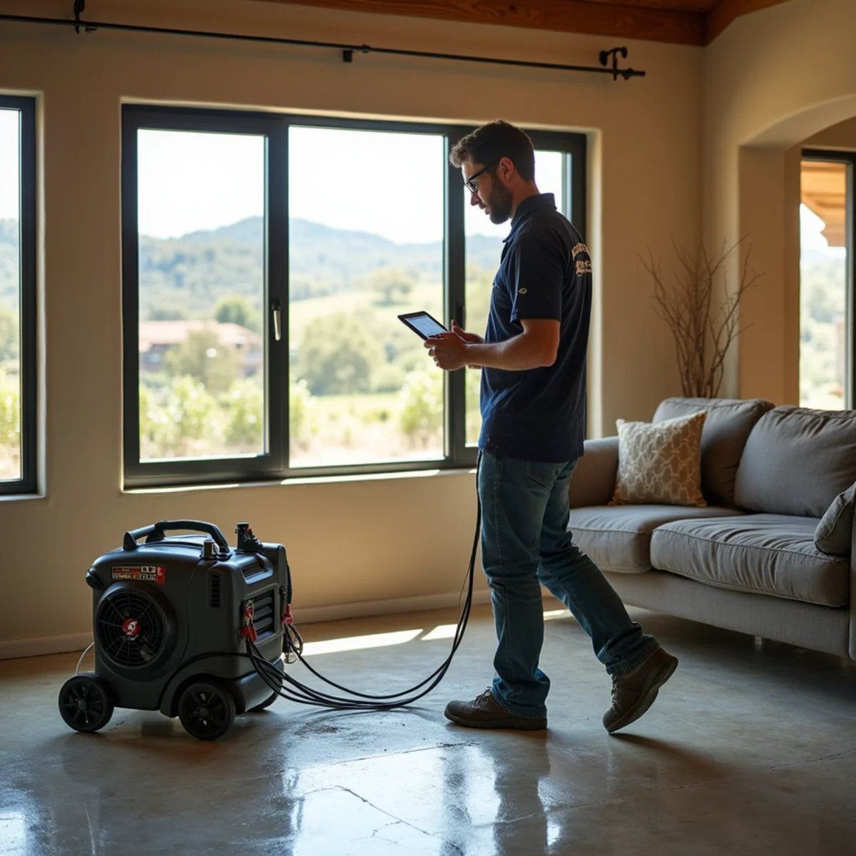 Restoration crew drying water damage inside a The Funk Zone home, The Funk Zone, Santa Barbara