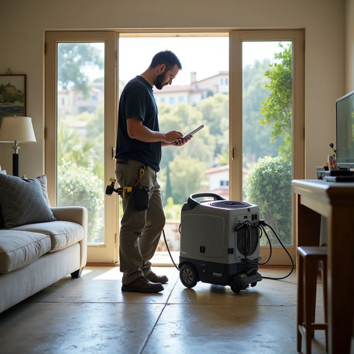 Restoration crew drying water damage inside a Hidden Valley home, Hidden Valley, Santa Barbara