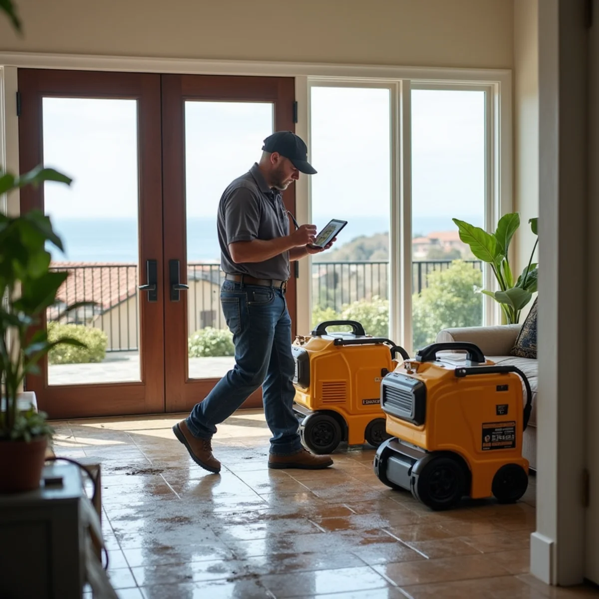 Restoration crew drying water damage inside a Hope Ranch home, Hope Ranch, Santa Barbara