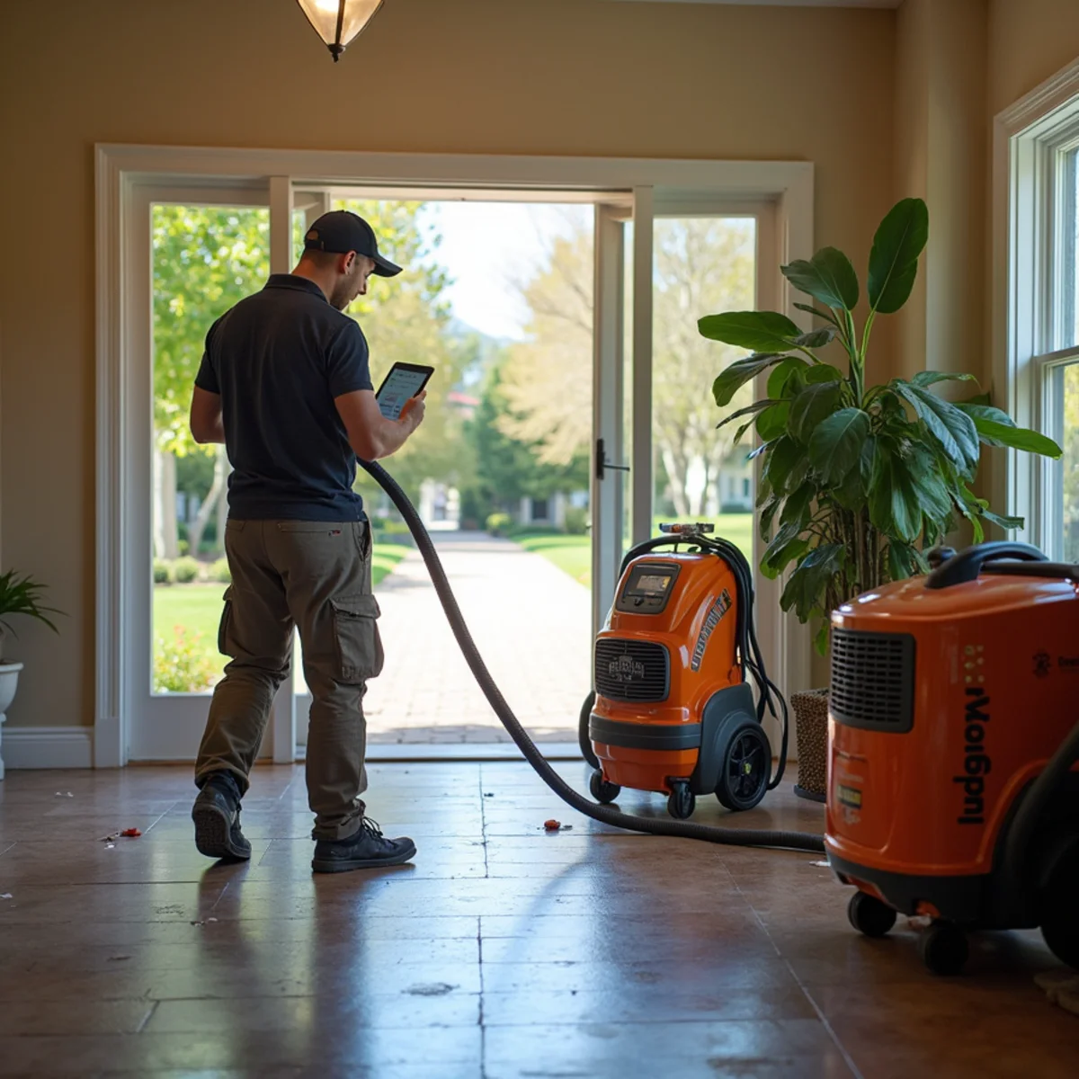 Restoration crew drying water damage inside a Las Canoas home, Las Canoas, Santa Barbara