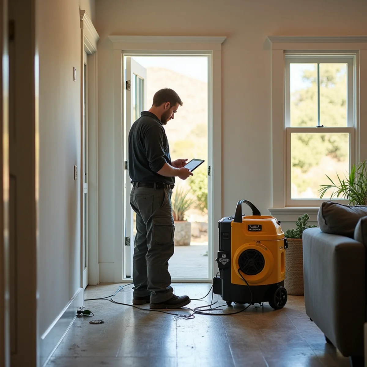 Restoration crew drying water damage inside a Lower East home, Lower East, Santa Barbara