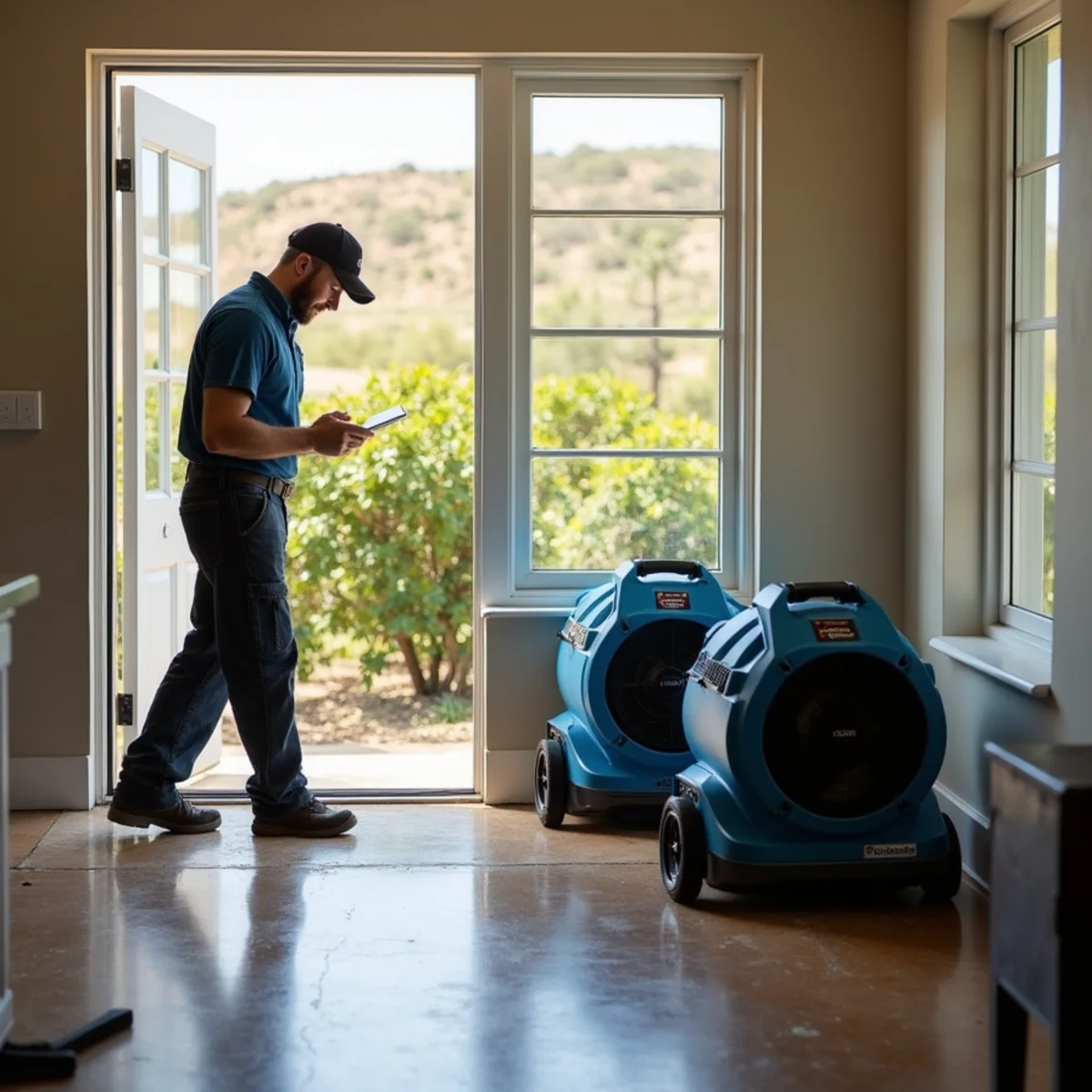 Restoration crew drying water damage inside a Mariposa home, Mariposa, Santa Barbara