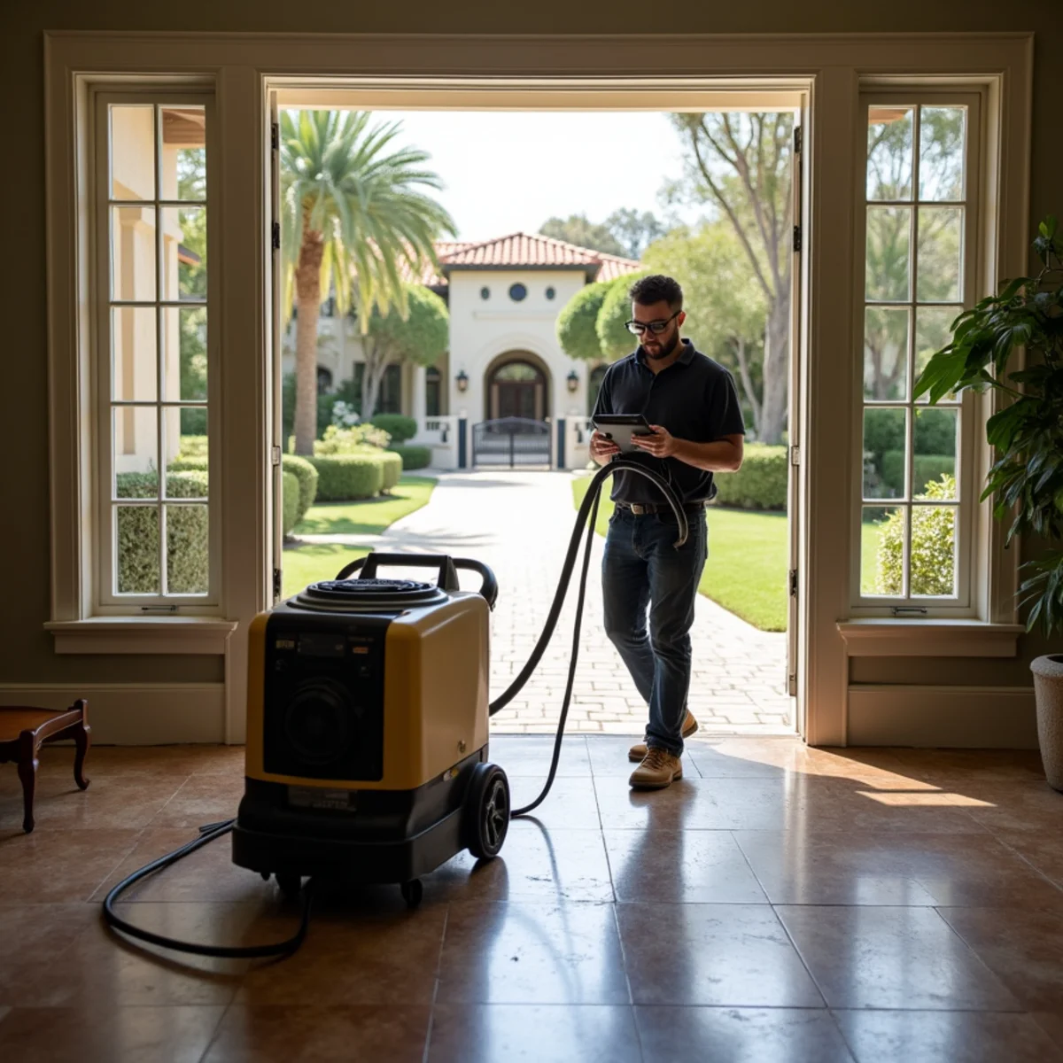 Restoration crew drying water damage inside a Riviera home, Riviera, Santa Barbara