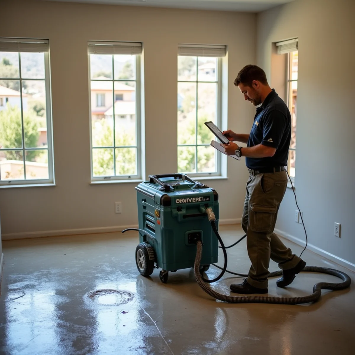 Restoration crew drying water damage inside a Samarkand home, Samarkand, Santa Barbara