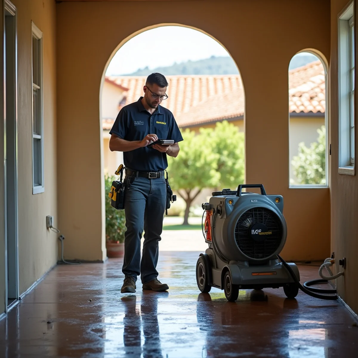 Restoration crew drying water damage inside a San Roque home, San Roque, Santa Barbara