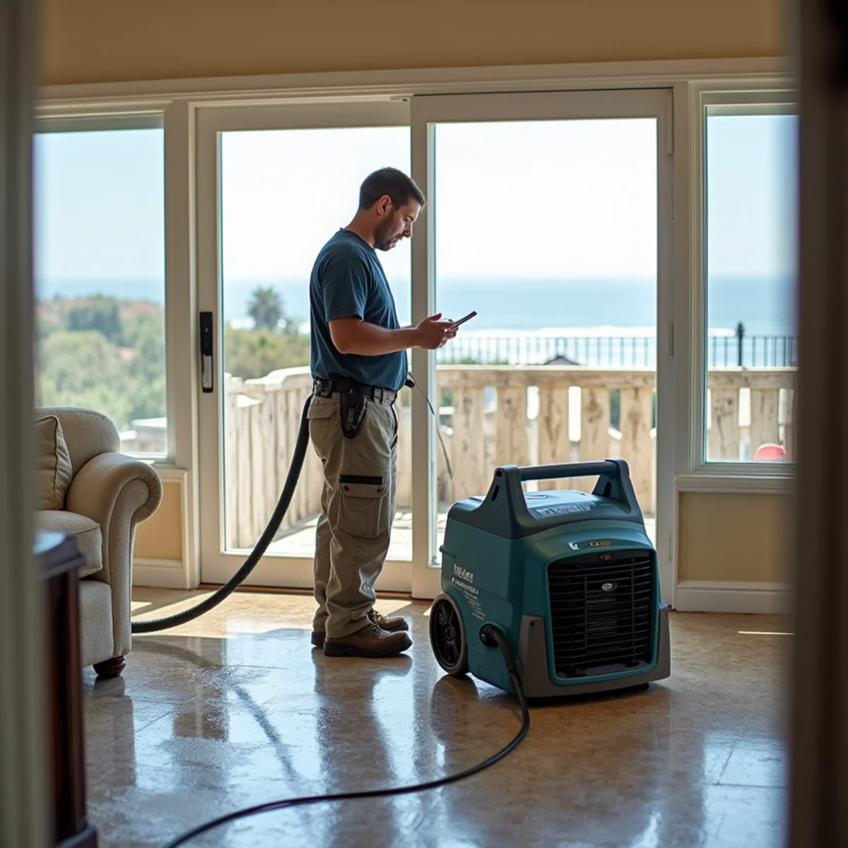 Restoration crew drying water damage inside a The Mesa home, The Mesa, Santa Barbara