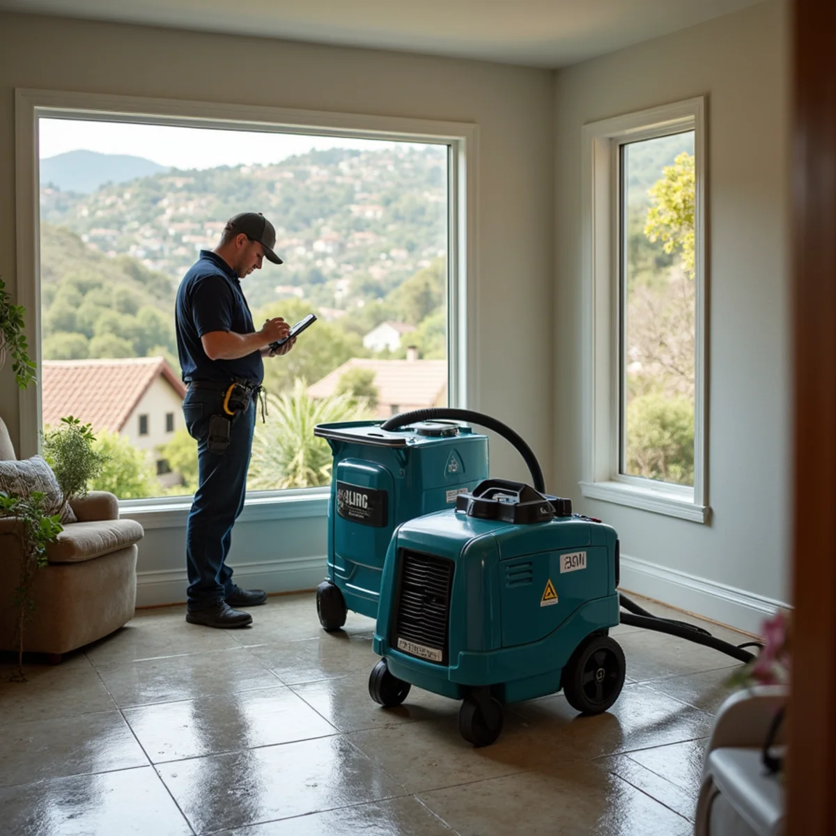 Restoration crew drying water damage inside a Toro Canyon home, Toro Canyon, Santa Barbara