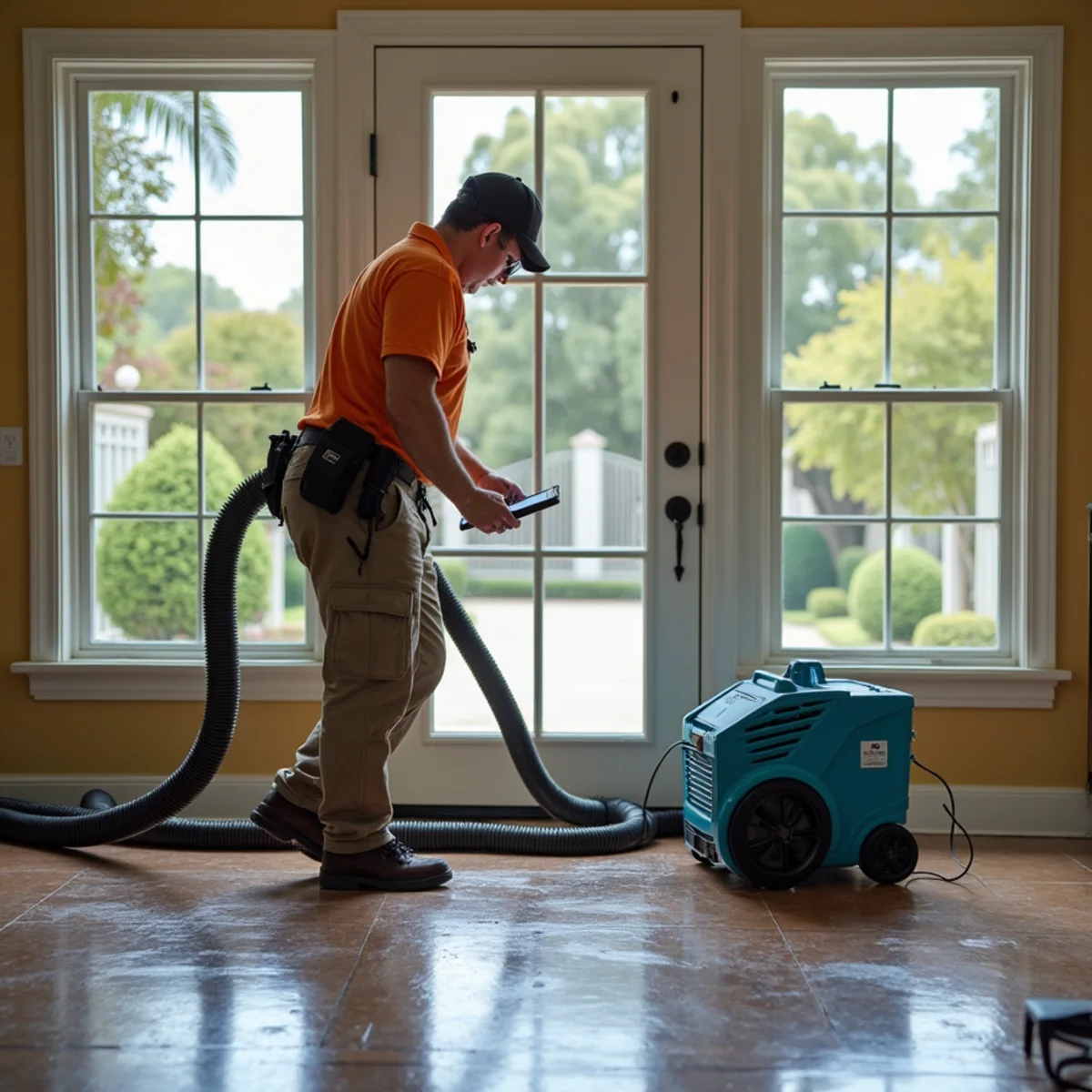 Restoration crew drying water damage inside a Upper East home, Upper East, Santa Barbara