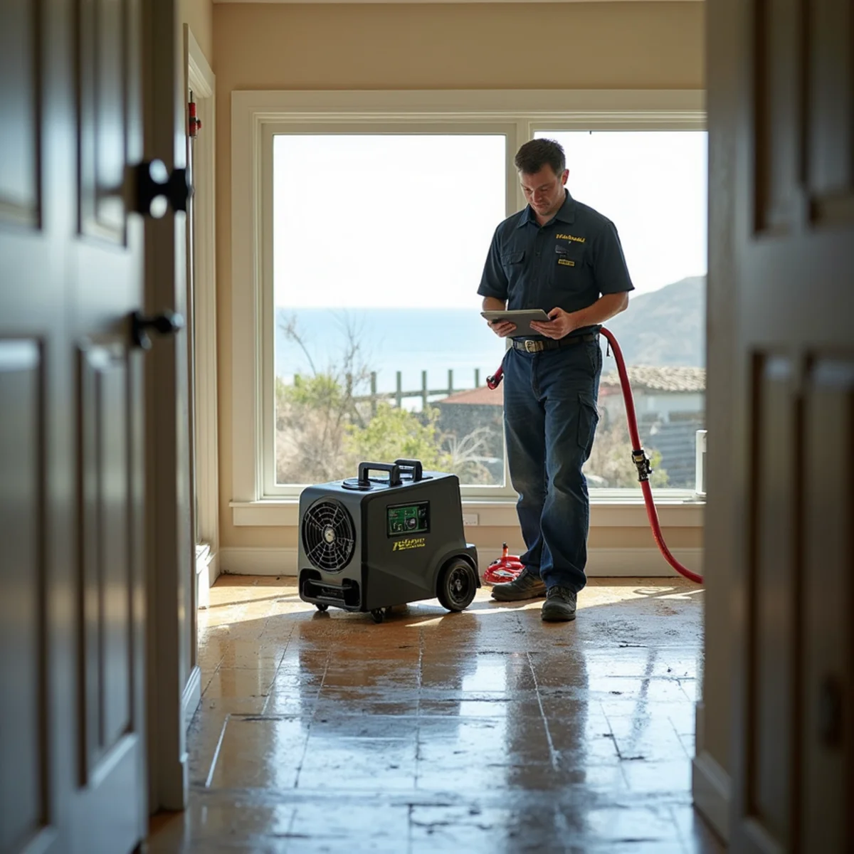 Restoration crew drying water damage inside a Waterfront home, Waterfront, Santa Barbara