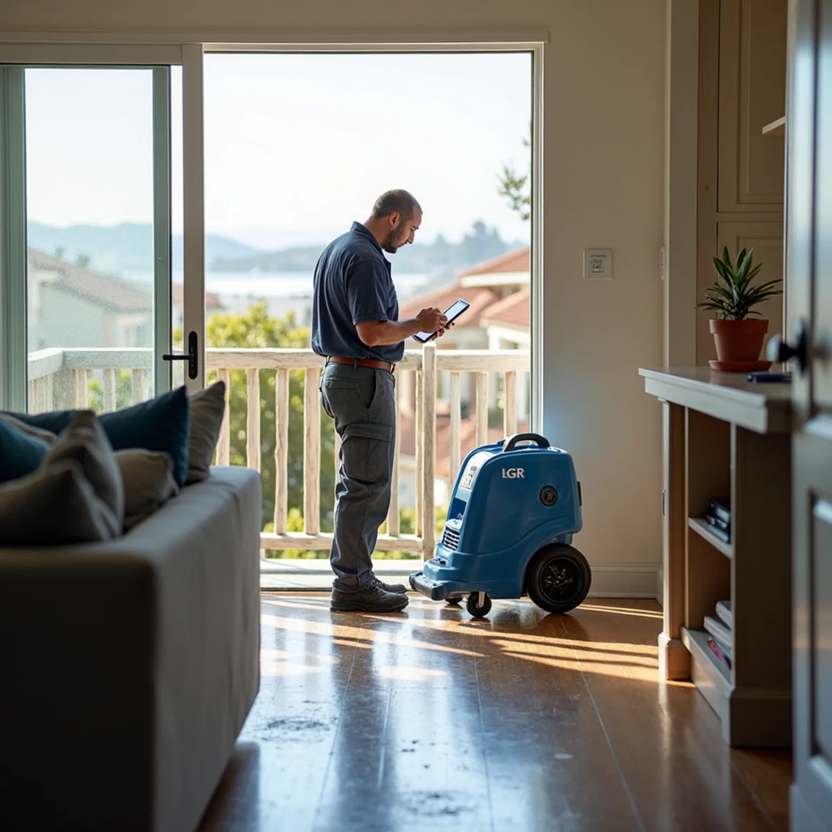 Restoration crew drying water damage inside a West Beach home, West Beach, Santa Barbara