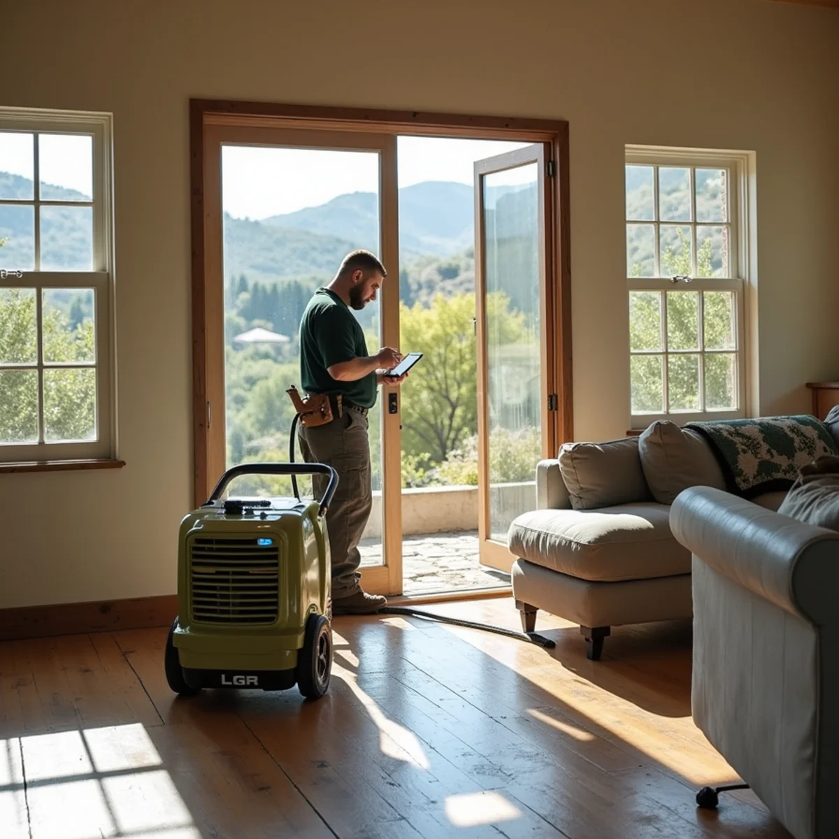 Restoration crew drying water damage inside a Yankee Farm home, Yankee Farm, Santa Barbara