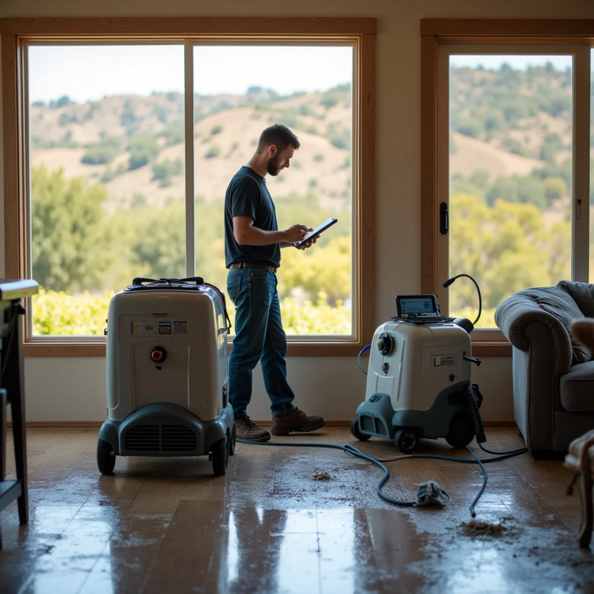 Restoration crew drying water damage inside a Ballard home, Ballard, CA
