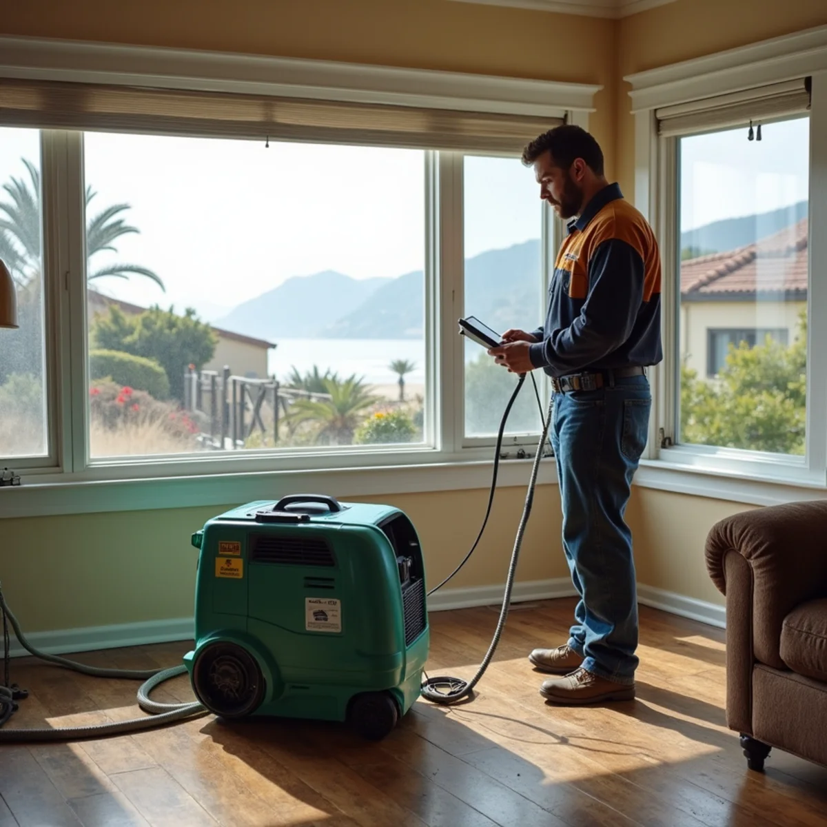 Restoration crew drying water damage inside a Carpinteria home, Carpinteria, CA